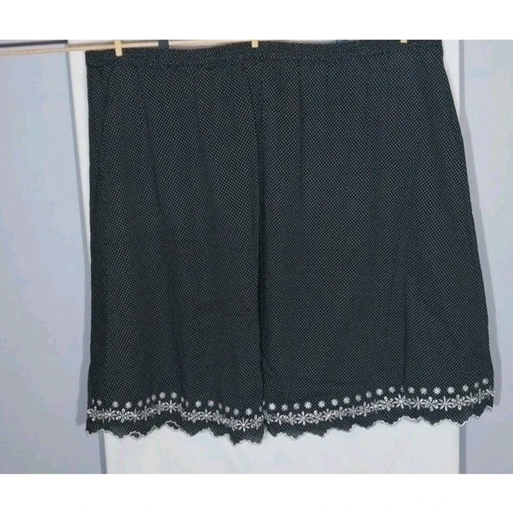 Sag Harbor 3X Black Polka Dot Cotton Midi Skirt Elastic Waist Floral Hem Boho